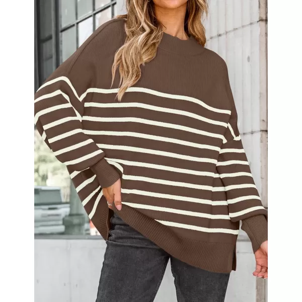ZESICA Womens Winter Oversized Sweaters Long Sleeve Color Block Mock Neck Side Slit Comfy Loose Knitted Pullover TopsCoffee