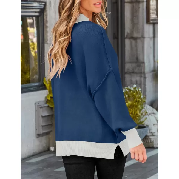 ZESICA Womens Winter Oversized Sweaters Long Sleeve Color Block Mock Neck Side Slit Comfy Loose Knitted Pullover TopsDark Blue