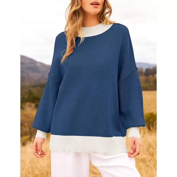 ZESICA Womens Winter Oversized Sweaters Long Sleeve Color Block Mock Neck Side Slit Comfy Loose Knitted Pullover TopsDark Blue