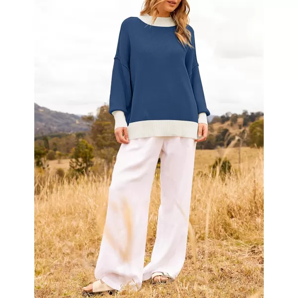 ZESICA Womens Winter Oversized Sweaters Long Sleeve Color Block Mock Neck Side Slit Comfy Loose Knitted Pullover TopsDark Blue