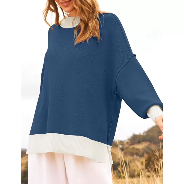 ZESICA Womens Winter Oversized Sweaters Long Sleeve Color Block Mock Neck Side Slit Comfy Loose Knitted Pullover TopsDark Blue