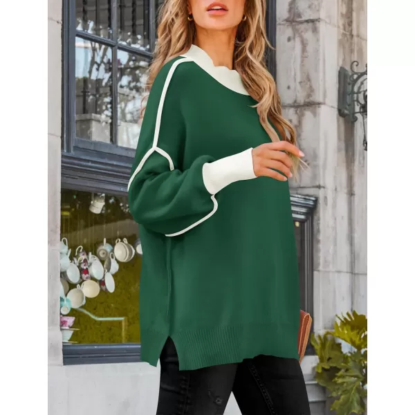 ZESICA Womens Winter Oversized Sweaters Long Sleeve Color Block Mock Neck Side Slit Comfy Loose Knitted Pullover TopsDark Green