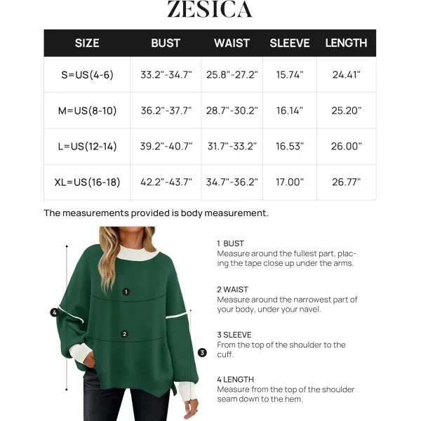 ZESICA Womens Winter Oversized Sweaters Long Sleeve Color Block Mock Neck Side Slit Comfy Loose Knitted Pullover TopsDark Green