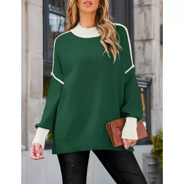 ZESICA Womens Winter Oversized Sweaters Long Sleeve Color Block Mock Neck Side Slit Comfy Loose Knitted Pullover TopsDark Green