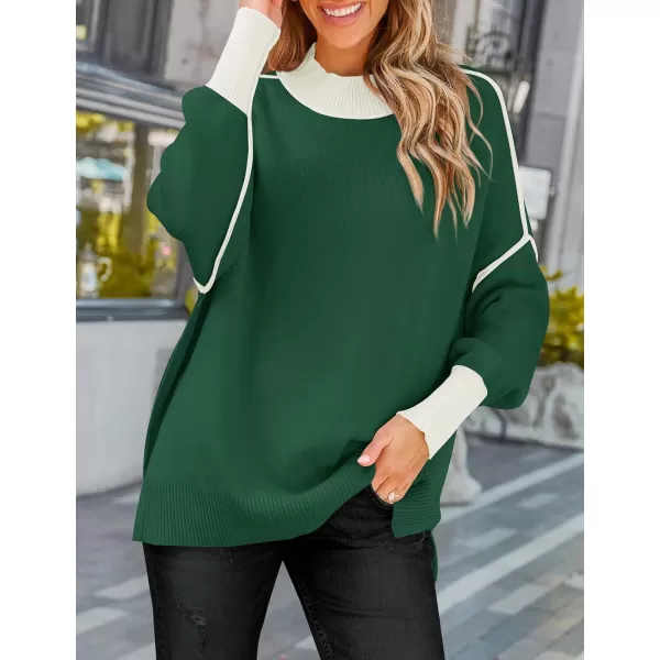 ZESICA Womens Winter Oversized Sweaters Long Sleeve Color Block Mock Neck Side Slit Comfy Loose Knitted Pullover TopsDark Green