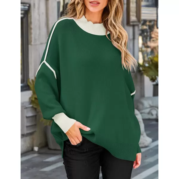 ZESICA Womens Winter Oversized Sweaters Long Sleeve Color Block Mock Neck Side Slit Comfy Loose Knitted Pullover TopsDark Green