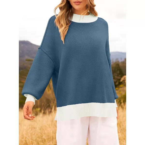 ZESICA Womens Winter Oversized Sweaters Long Sleeve Color Block Mock Neck Side Slit Comfy Loose Knitted Pullover TopsDusty Blue