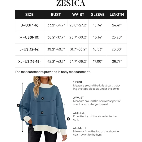 ZESICA Womens Winter Oversized Sweaters Long Sleeve Color Block Mock Neck Side Slit Comfy Loose Knitted Pullover TopsDusty Blue