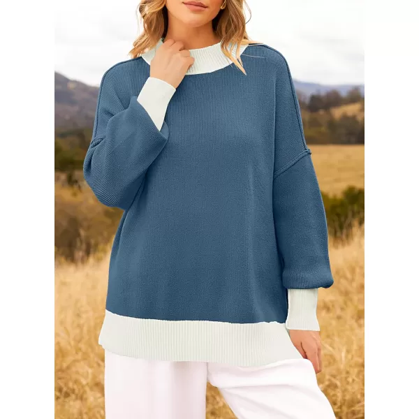 ZESICA Womens Winter Oversized Sweaters Long Sleeve Color Block Mock Neck Side Slit Comfy Loose Knitted Pullover TopsDusty Blue