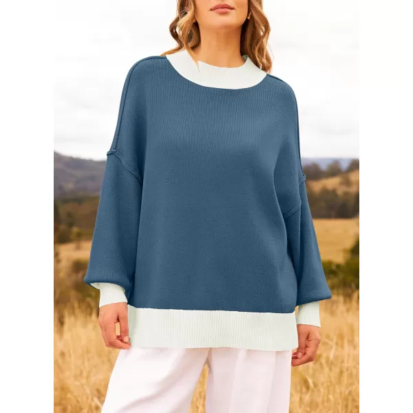 ZESICA Womens Winter Oversized Sweaters Long Sleeve Color Block Mock Neck Side Slit Comfy Loose Knitted Pullover TopsDusty Blue