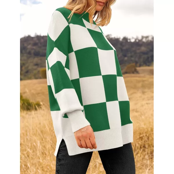 ZESICA Womens Winter Oversized Sweaters Long Sleeve Color Block Mock Neck Side Slit Comfy Loose Knitted Pullover TopsGreen