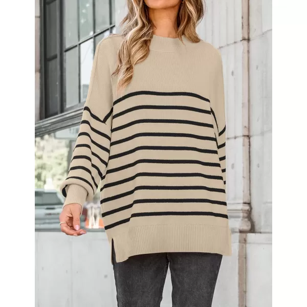 ZESICA Womens Winter Oversized Sweaters Long Sleeve Color Block Mock Neck Side Slit Comfy Loose Knitted Pullover TopsKhaki