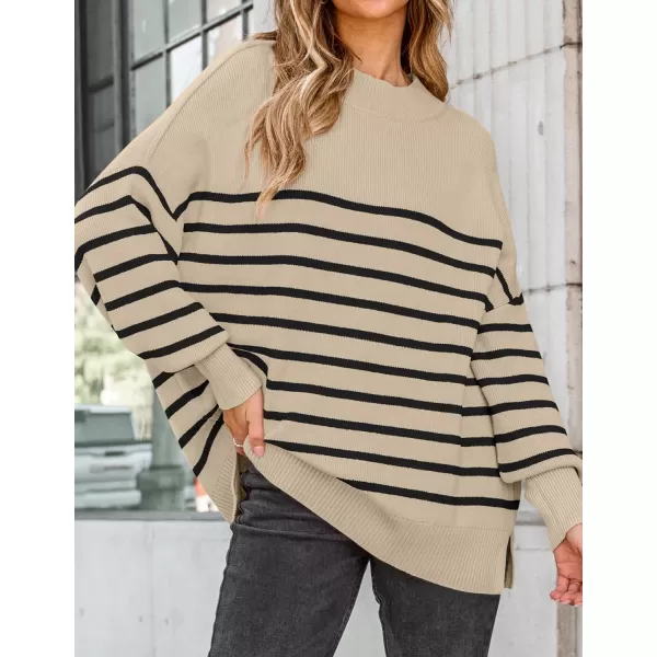 ZESICA Womens Winter Oversized Sweaters Long Sleeve Color Block Mock Neck Side Slit Comfy Loose Knitted Pullover TopsKhaki