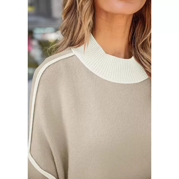 ZESICA Womens Winter Oversized Sweaters Long Sleeve Color Block Mock Neck Side Slit Comfy Loose Knitted Pullover TopsOatmeal