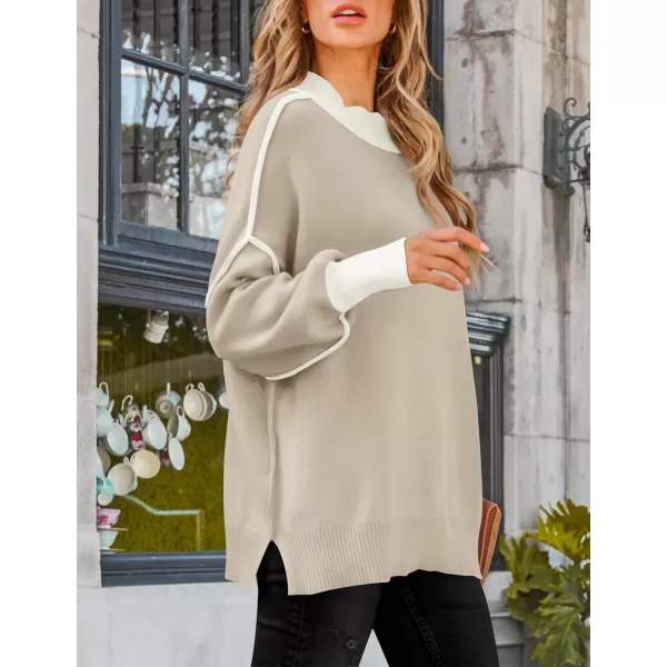 ZESICA Womens Winter Oversized Sweaters Long Sleeve Color Block Mock Neck Side Slit Comfy Loose Knitted Pullover TopsOatmeal