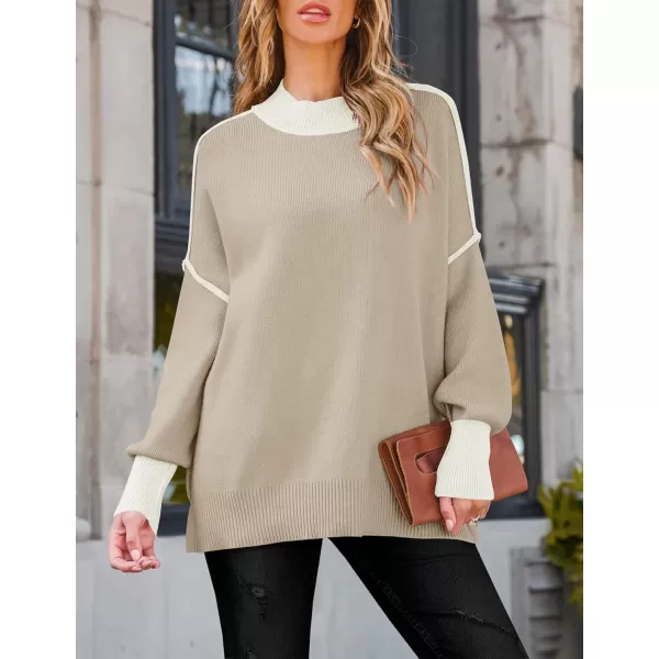 ZESICA Womens Winter Oversized Sweaters Long Sleeve Color Block Mock Neck Side Slit Comfy Loose Knitted Pullover TopsOatmeal