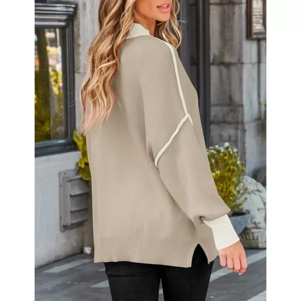 ZESICA Womens Winter Oversized Sweaters Long Sleeve Color Block Mock Neck Side Slit Comfy Loose Knitted Pullover TopsOatmeal
