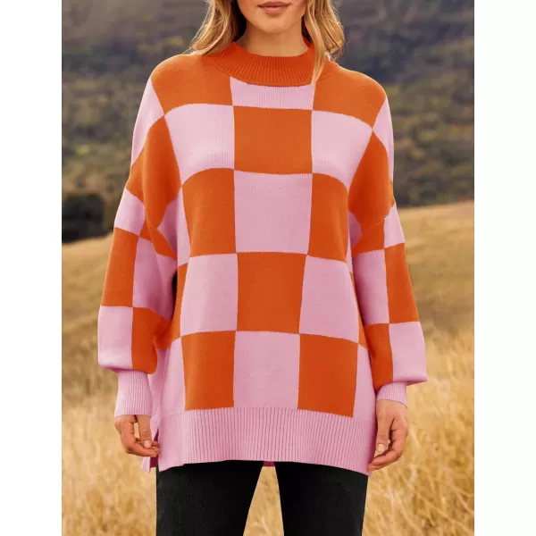 ZESICA Womens Winter Oversized Sweaters Long Sleeve Color Block Mock Neck Side Slit Comfy Loose Knitted Pullover TopsOrange