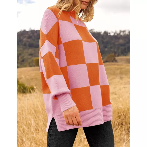 ZESICA Womens Winter Oversized Sweaters Long Sleeve Color Block Mock Neck Side Slit Comfy Loose Knitted Pullover TopsOrange