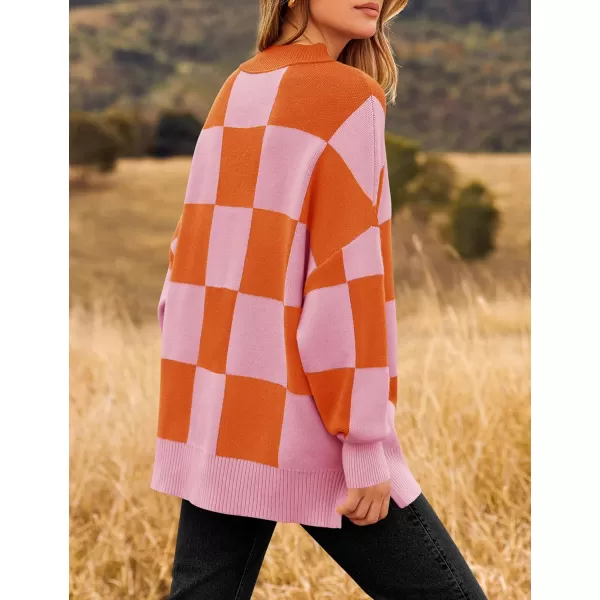 ZESICA Womens Winter Oversized Sweaters Long Sleeve Color Block Mock Neck Side Slit Comfy Loose Knitted Pullover TopsOrange