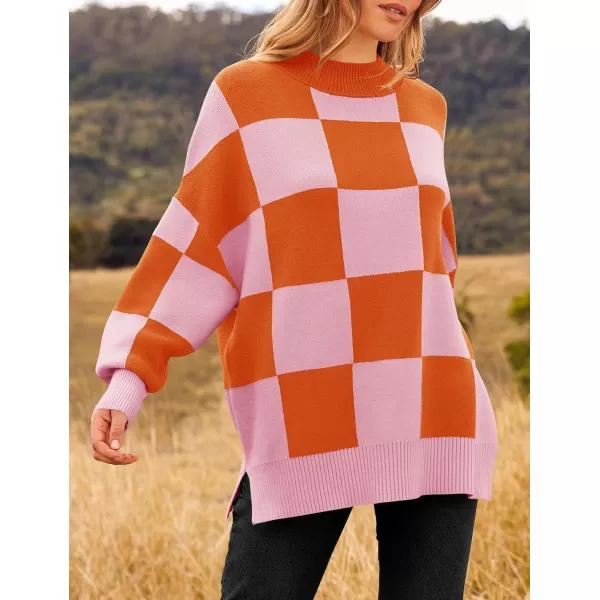 ZESICA Womens Winter Oversized Sweaters Long Sleeve Color Block Mock Neck Side Slit Comfy Loose Knitted Pullover TopsOrange