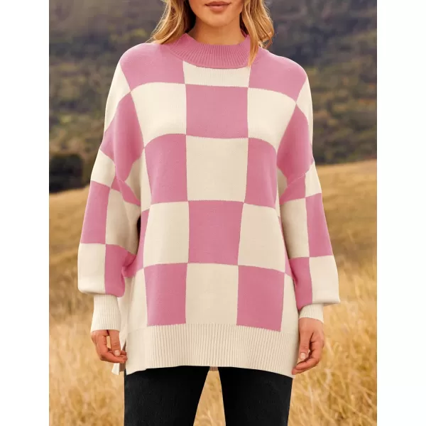 ZESICA Womens Winter Oversized Sweaters Long Sleeve Color Block Mock Neck Side Slit Comfy Loose Knitted Pullover TopsPink