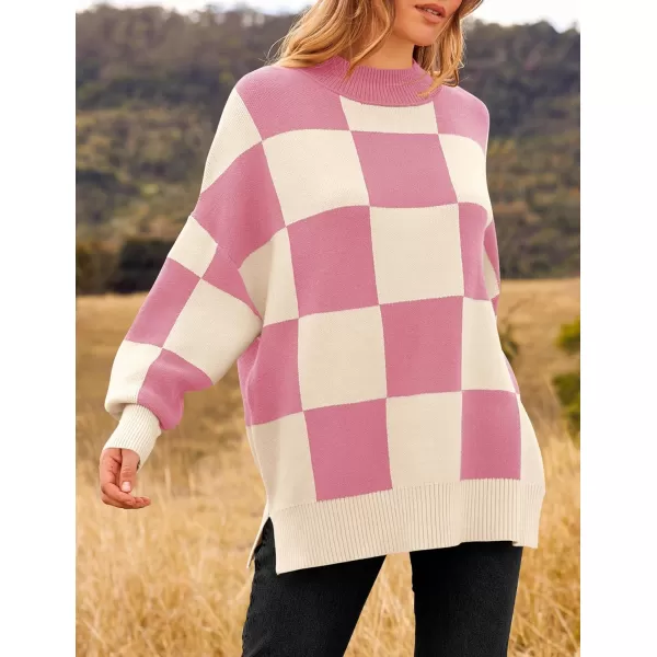 ZESICA Womens Winter Oversized Sweaters Long Sleeve Color Block Mock Neck Side Slit Comfy Loose Knitted Pullover TopsPink