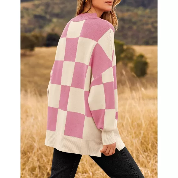 ZESICA Womens Winter Oversized Sweaters Long Sleeve Color Block Mock Neck Side Slit Comfy Loose Knitted Pullover TopsPink
