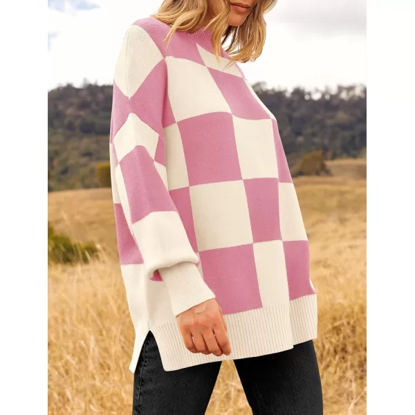 ZESICA Womens Winter Oversized Sweaters Long Sleeve Color Block Mock Neck Side Slit Comfy Loose Knitted Pullover TopsPink
