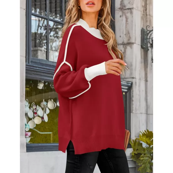 ZESICA Womens Winter Oversized Sweaters Long Sleeve Color Block Mock Neck Side Slit Comfy Loose Knitted Pullover TopsRed