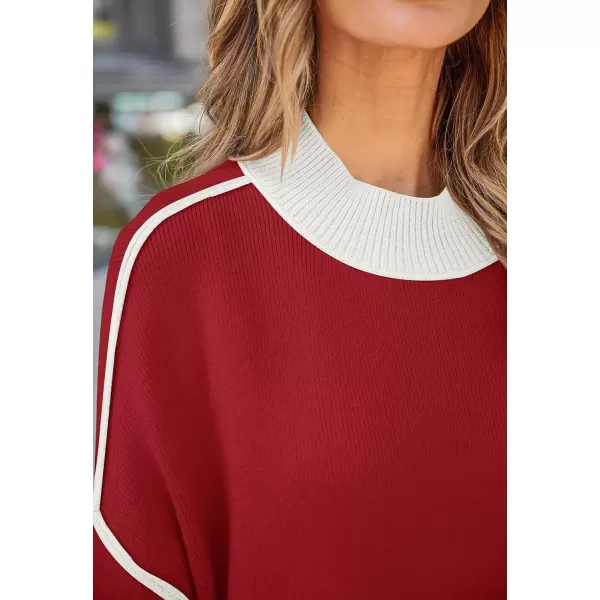 ZESICA Womens Winter Oversized Sweaters Long Sleeve Color Block Mock Neck Side Slit Comfy Loose Knitted Pullover TopsRed