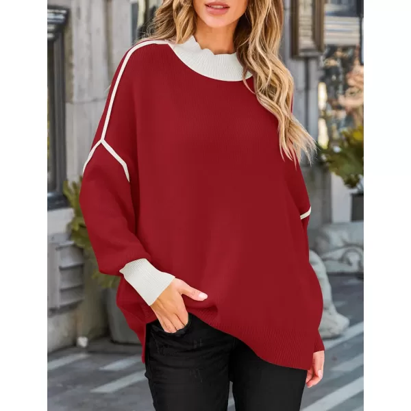 ZESICA Womens Winter Oversized Sweaters Long Sleeve Color Block Mock Neck Side Slit Comfy Loose Knitted Pullover TopsRed