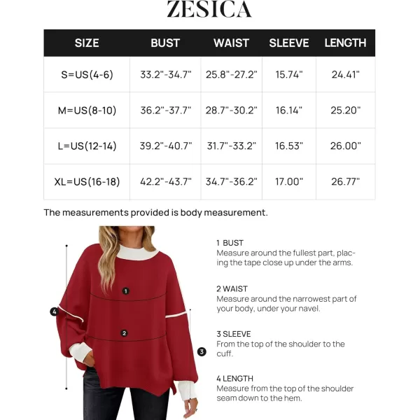 ZESICA Womens Winter Oversized Sweaters Long Sleeve Color Block Mock Neck Side Slit Comfy Loose Knitted Pullover TopsRed