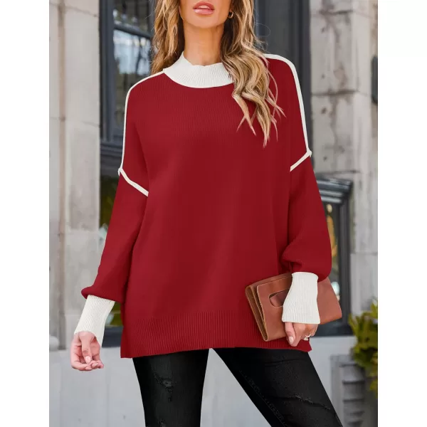 ZESICA Womens Winter Oversized Sweaters Long Sleeve Color Block Mock Neck Side Slit Comfy Loose Knitted Pullover TopsRed