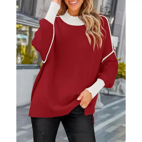 ZESICA Womens Winter Oversized Sweaters Long Sleeve Color Block Mock Neck Side Slit Comfy Loose Knitted Pullover TopsRed