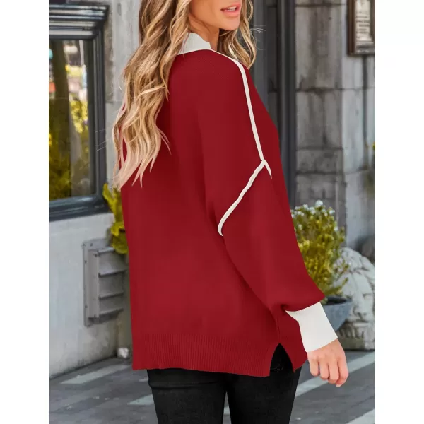 ZESICA Womens Winter Oversized Sweaters Long Sleeve Color Block Mock Neck Side Slit Comfy Loose Knitted Pullover TopsRed