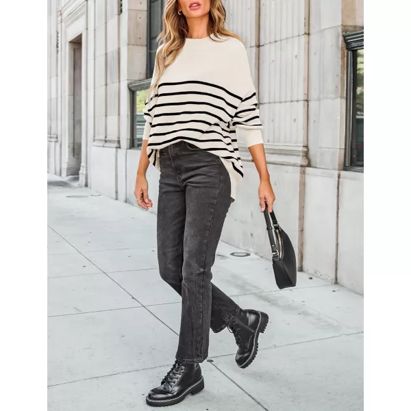 ZESICA Womens Winter Oversized Sweaters Long Sleeve Color Block Mock Neck Side Slit Comfy Loose Knitted Pullover TopsWhite