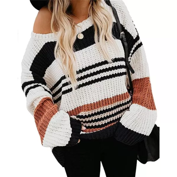 ZESICA Womens 2024 Fall Long Sleeve Crew Neck Striped Color Block Casual Loose Knitted Pullover Sweater TopsBlack