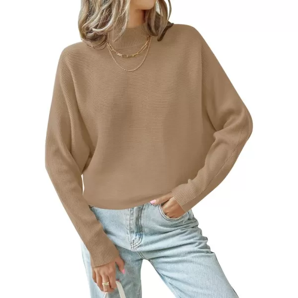 ZESICA Womens 2024 Fall Turtleneck Batwing Long Sleeve Ribbed Knit Casual Soft Pullover Sweater Jumper TopCamel