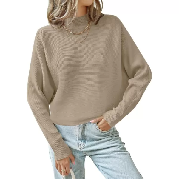 ZESICA Womens 2024 Fall Turtleneck Batwing Long Sleeve Ribbed Knit Casual Soft Pullover Sweater Jumper TopKhaki