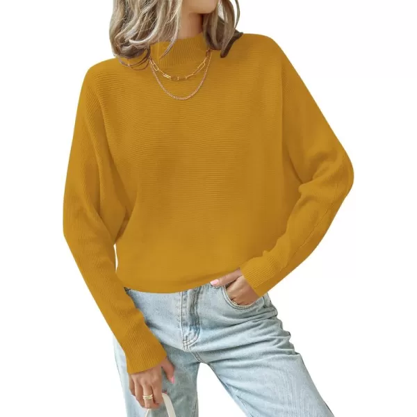 ZESICA Womens 2024 Fall Turtleneck Batwing Long Sleeve Ribbed Knit Casual Soft Pullover Sweater Jumper TopMustard