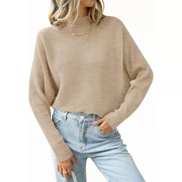 ZESICA Womens 2024 Fall Turtleneck Batwing Long Sleeve Ribbed Knit Casual Soft Pullover Sweater Jumper TopOatmeal