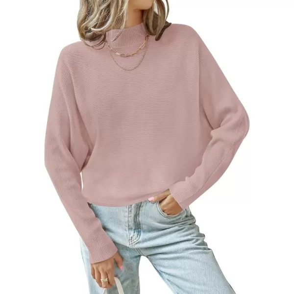 ZESICA Womens 2024 Fall Turtleneck Batwing Long Sleeve Ribbed Knit Casual Soft Pullover Sweater Jumper TopPink
