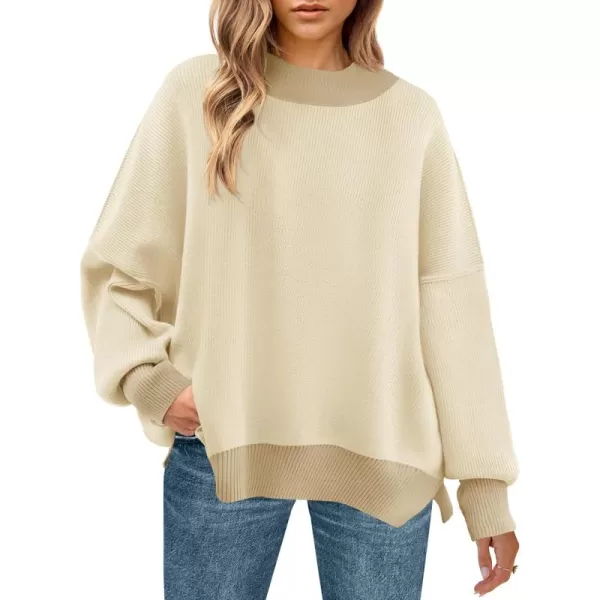 ZESICA Womens Winter Oversized Sweaters Long Sleeve Color Block Mock Neck Side Slit Comfy Loose Knitted Pullover TopsApricot