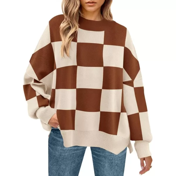 ZESICA Womens Winter Oversized Sweaters Long Sleeve Color Block Mock Neck Side Slit Comfy Loose Knitted Pullover TopsCaramel