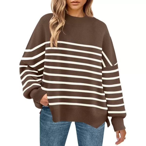 ZESICA Womens Winter Oversized Sweaters Long Sleeve Color Block Mock Neck Side Slit Comfy Loose Knitted Pullover TopsCoffee