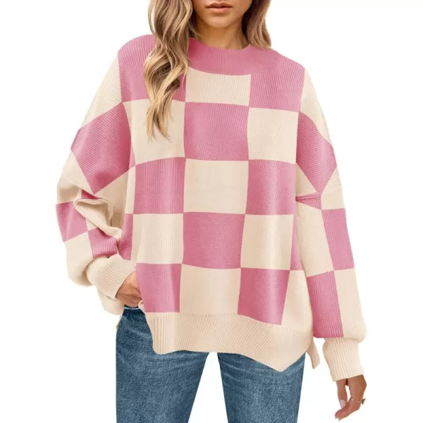 ZESICA Womens Winter Oversized Sweaters Long Sleeve Color Block Mock Neck Side Slit Comfy Loose Knitted Pullover TopsPink