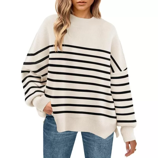 ZESICA Womens Winter Oversized Sweaters Long Sleeve Color Block Mock Neck Side Slit Comfy Loose Knitted Pullover TopsWhite
