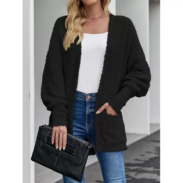 ZESICA Womens 2024 Fall Winter Popcorn Long Sleeve Open Front Chunky Knit Oversized Cardigan Sweater CoatBlack