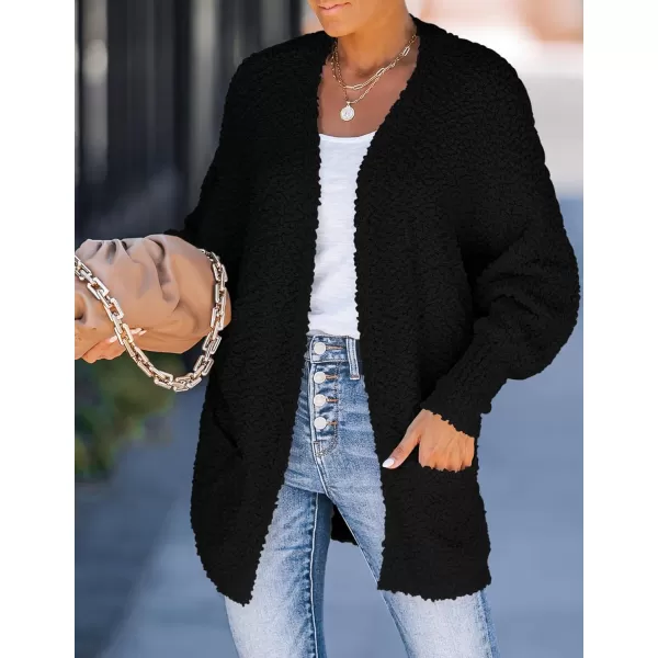 ZESICA Womens 2024 Fall Winter Popcorn Long Sleeve Open Front Chunky Knit Oversized Cardigan Sweater CoatBlack